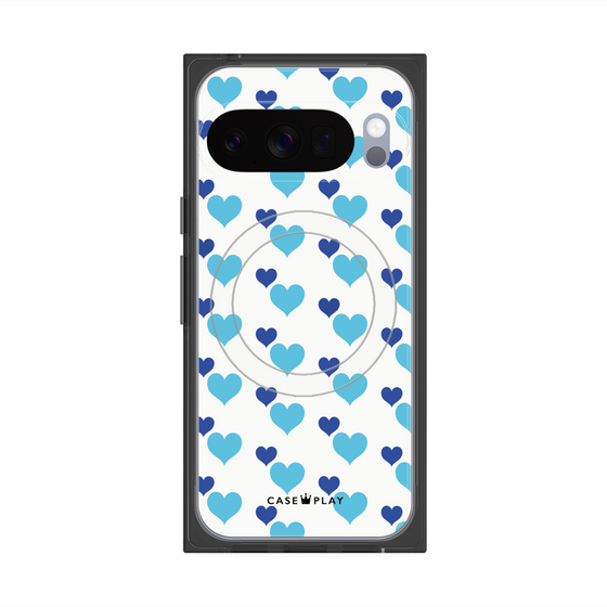 Premium Square Case with Pixelsnap［ Stripe Hearts - Blue ］