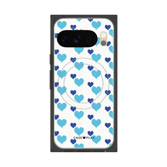 Premium Square Case with Pixelsnap［ Stripe Hearts - Blue ］