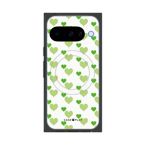 Premium Square Case with Pixelsnap［ Stripe Hearts - Green ］