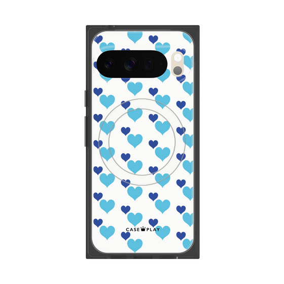 Premium Square Case with Pixelsnap［ Stripe Hearts - Blue ］