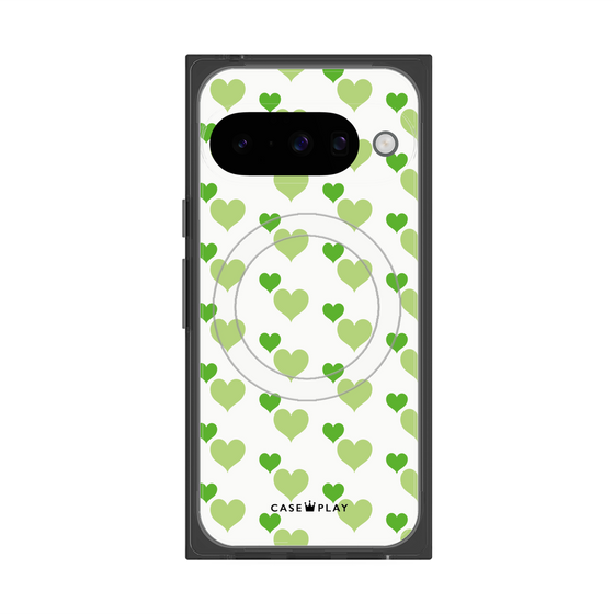 Premium Square Case with Pixelsnap［ Stripe Hearts - Green ］