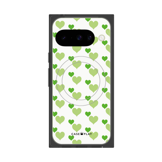 Premium Square Case with Pixelsnap［ Stripe Hearts - Green ］