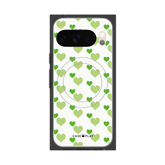 Premium Square Case with Pixelsnap［ Stripe Hearts - Green ］