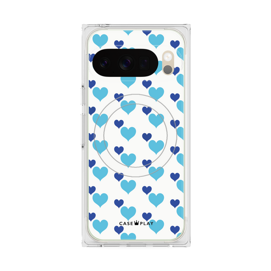 Premium Square Case with Pixelsnap［ Stripe Hearts - Blue ］