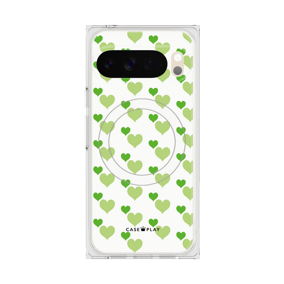 Premium Square Case with Pixelsnap［ Stripe Hearts - Green ］