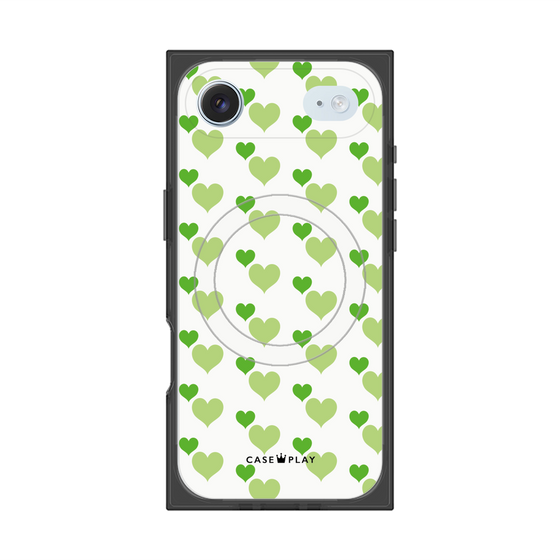 Premium Square Case with MagSafe［ Stripe Hearts - Green ］