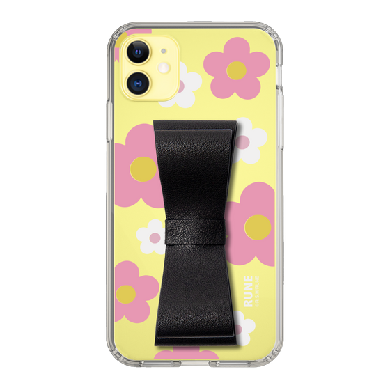 Slim Protection Case - STAND & RING RIBBON Black［ Rune Naito - RUNE Flower - Pink ］