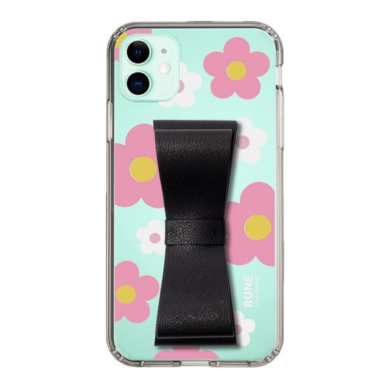 Slim Protection Case - STAND & RING RIBBON Black［ Rune Naito - RUNE Flower - Pink ］