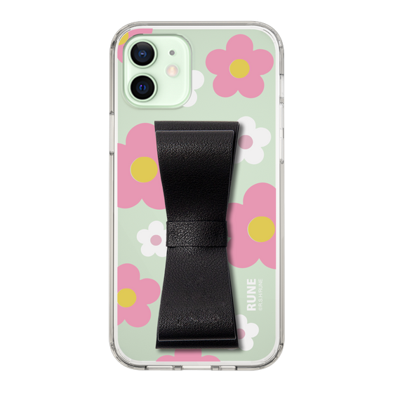 Slim Protection Case - STAND & RING RIBBON Black［ Rune Naito - RUNE Flower - Pink ］