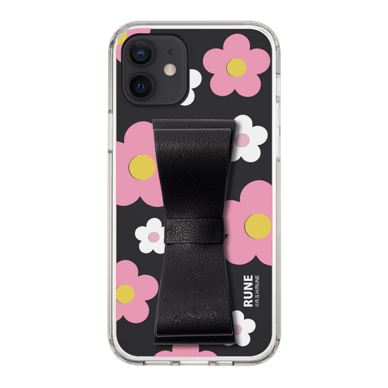 Slim Protection Case - STAND & RING RIBBON Black［ Rune Naito - RUNE Flower - Pink ］