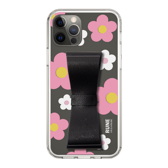 Slim Protection Case - STAND & RING RIBBON Black［ Rune Naito - RUNE Flower - Pink ］