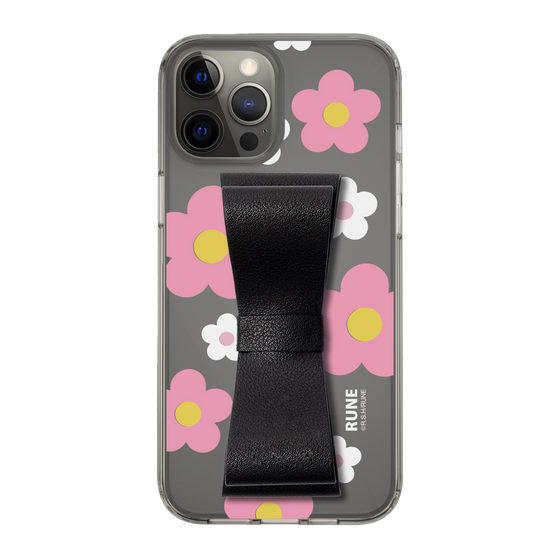 Slim Protection Case - STAND & RING RIBBON Black［ Rune Naito - RUNE Flower - Pink ］