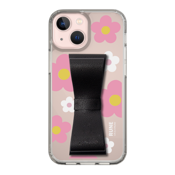 Slim Protection Case - STAND & RING RIBBON Black［ Rune Naito - RUNE Flower - Pink ］