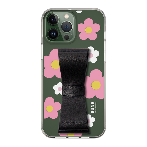 Slim Protection Case - STAND & RING RIBBON Black［ Rune Naito - RUNE Flower - Pink ］