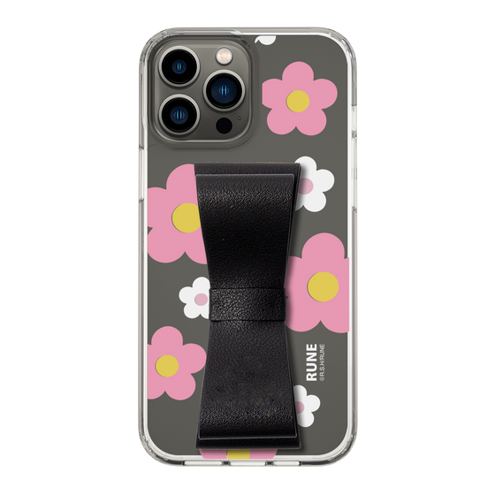 Slim Protection Case - STAND & RING RIBBON Black［ Rune Naito - RUNE Flower - Pink ］