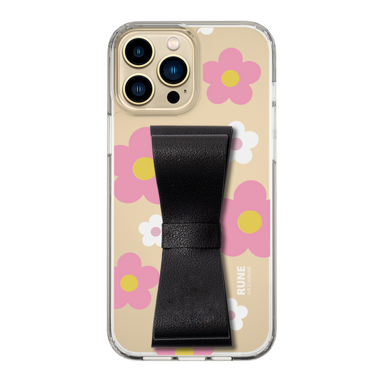 Slim Protection Case - STAND & RING RIBBON Black［ Rune Naito - RUNE Flower - Pink ］