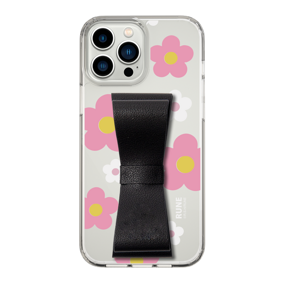 Slim Protection Case - STAND & RING RIBBON Black［ Rune Naito - RUNE Flower - Pink ］
