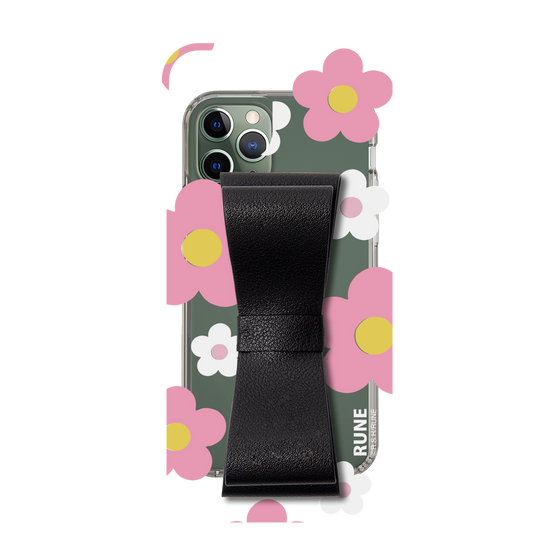 Slim Protection Case - STAND & RING RIBBON Black［ Rune Naito - RUNE Flower - Pink ］