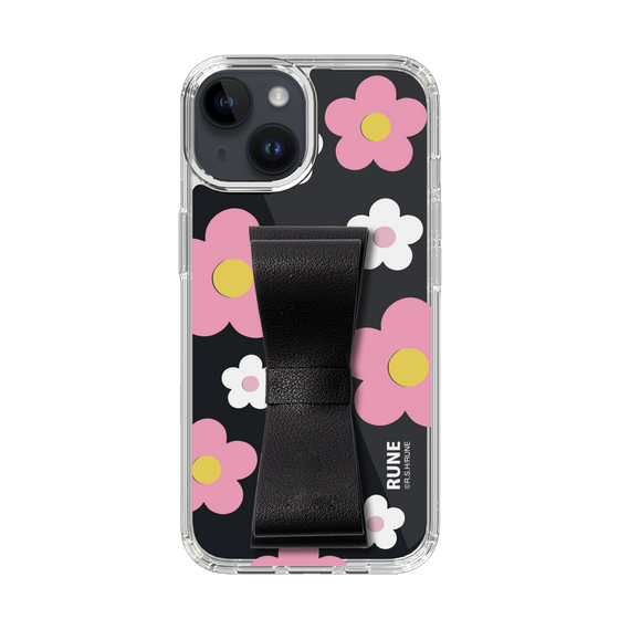 Slim Protection Case - STAND & RING RIBBON Black［ Rune Naito - RUNE Flower - Pink ］