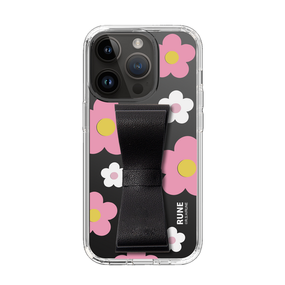Slim Protection Case - STAND & RING RIBBON Black［ Rune Naito - RUNE Flower - Pink ］