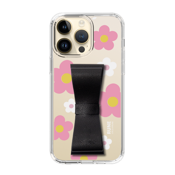Slim Protection Case - STAND & RING RIBBON Black［ Rune Naito - RUNE Flower - Pink ］