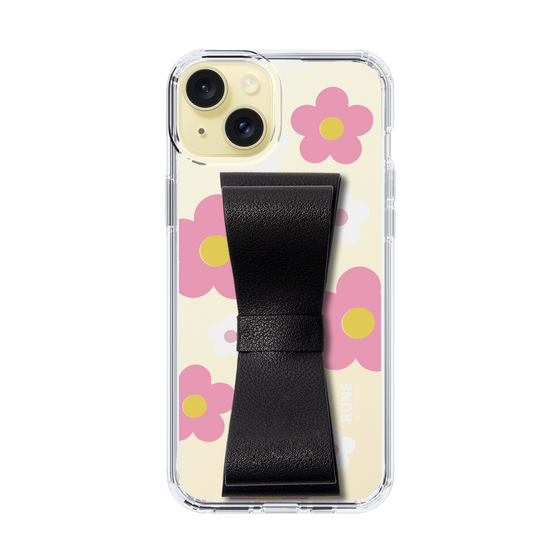 Slim Protection Case - STAND & RING RIBBON Black［ Rune Naito - RUNE Flower - Pink ］