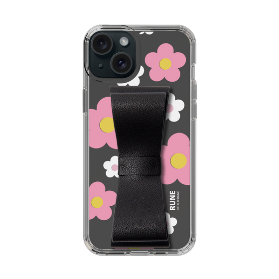 Slim Protection Case - STAND & RING RIBBON Black［ Rune Naito - RUNE Flower - Pink ］