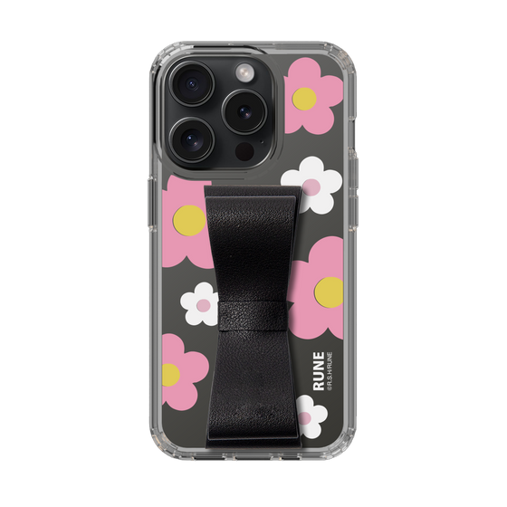 Slim Protection Case - STAND & RING RIBBON Black［ Rune Naito - RUNE Flower - Pink ］