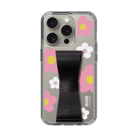 Slim Protection Case - STAND & RING RIBBON Black［ Rune Naito - RUNE Flower - Pink ］