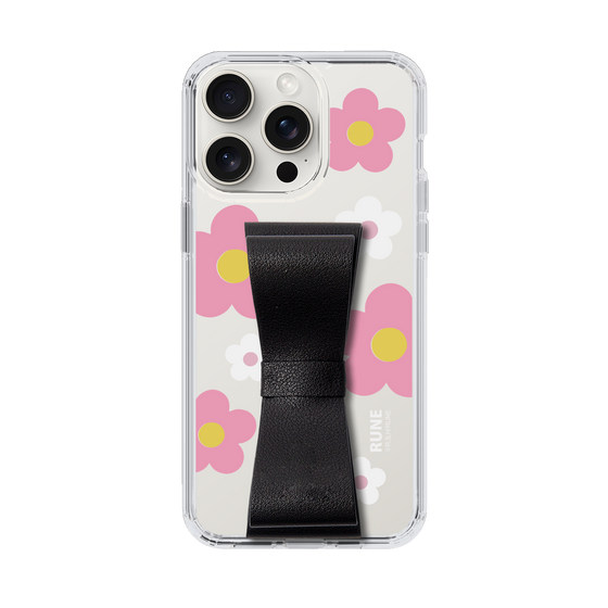 Slim Protection Case - STAND & RING RIBBON Black［ Rune Naito - RUNE Flower - Pink ］