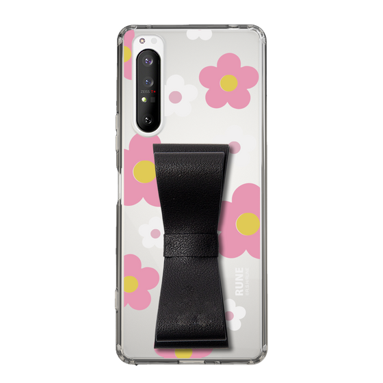 Slim Protection Case - STAND & RING RIBBON Black［ Rune Naito - RUNE Flower - Pink ］