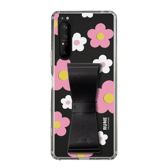Slim Protection Case - STAND & RING RIBBON Black［ Rune Naito - RUNE Flower - Pink ］