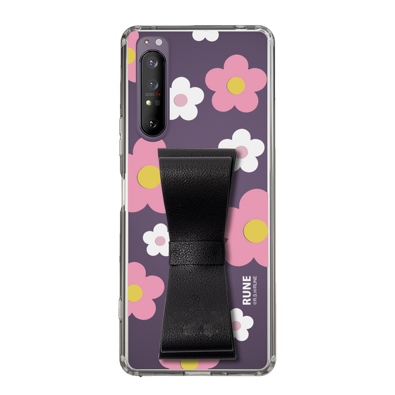 Slim Protection Case - STAND & RING RIBBON Black［ Rune Naito - RUNE Flower - Pink ］