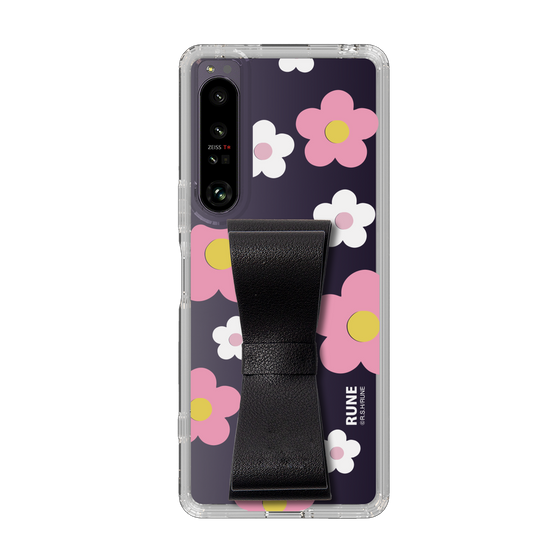 Slim Protection Case - STAND & RING RIBBON Black［ Rune Naito - RUNE Flower - Pink ］