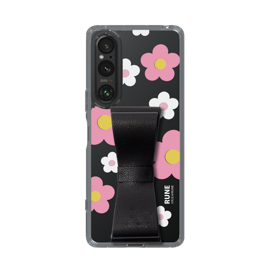 Slim Protection Case - STAND & RING RIBBON Black［ Rune Naito - RUNE Flower - Pink ］