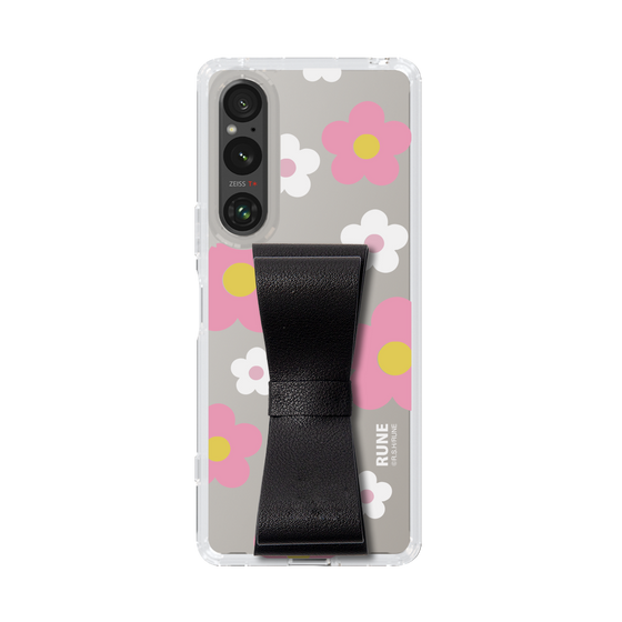 Slim Protection Case - STAND & RING RIBBON Black［ Rune Naito - RUNE Flower - Pink ］