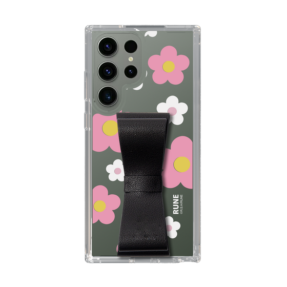 Slim Protection Case - STAND & RING RIBBON Black［ Rune Naito - RUNE Flower - Pink ］