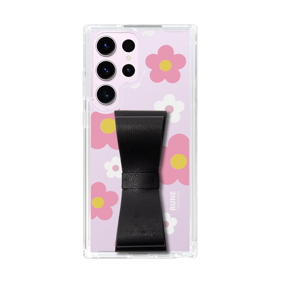 Slim Protection Case - STAND & RING RIBBON Black［ Rune Naito - RUNE Flower - Pink ］