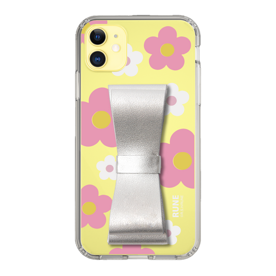 Slim Protection Case - STAND & RING RIBBON Silver［ Rune Naito - RUNE Flower - Pink ］
