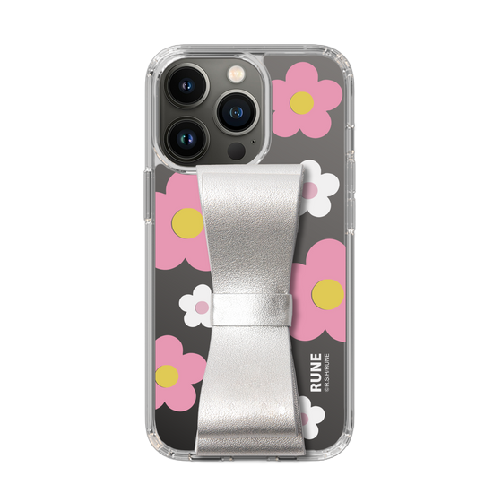Slim Protection Case - STAND & RING RIBBON Silver［ Rune Naito - RUNE Flower - Pink ］