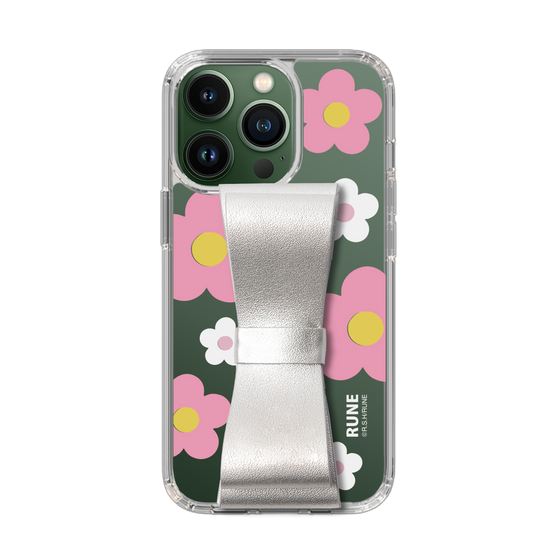 Slim Protection Case - STAND & RING RIBBON Silver［ Rune Naito - RUNE Flower - Pink ］