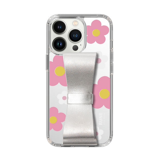 Slim Protection Case - STAND & RING RIBBON Silver［ Rune Naito - RUNE Flower - Pink ］
