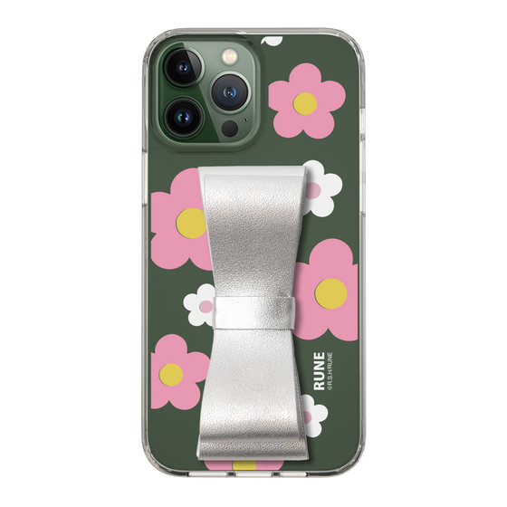 Slim Protection Case - STAND & RING RIBBON Silver［ Rune Naito - RUNE Flower - Pink ］