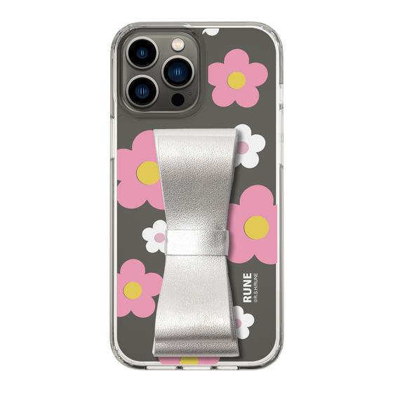 Slim Protection Case - STAND & RING RIBBON Silver［ Rune Naito - RUNE Flower - Pink ］