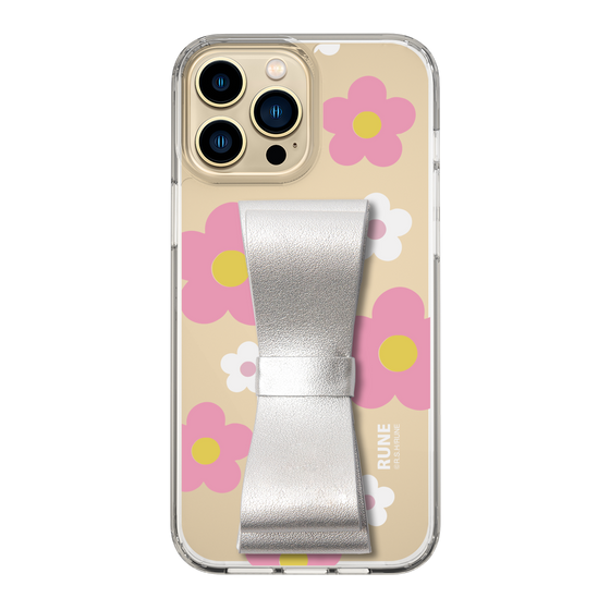 Slim Protection Case - STAND & RING RIBBON Silver［ Rune Naito - RUNE Flower - Pink ］