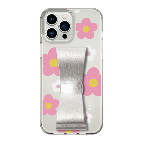 Slim Protection Case - STAND & RING RIBBON Silver［ Rune Naito - RUNE Flower - Pink ］