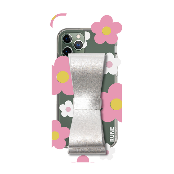 Slim Protection Case - STAND & RING RIBBON Silver［ Rune Naito - RUNE Flower - Pink ］