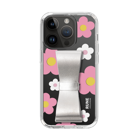 Slim Protection Case - STAND & RING RIBBON Silver［ Rune Naito - RUNE Flower - Pink ］