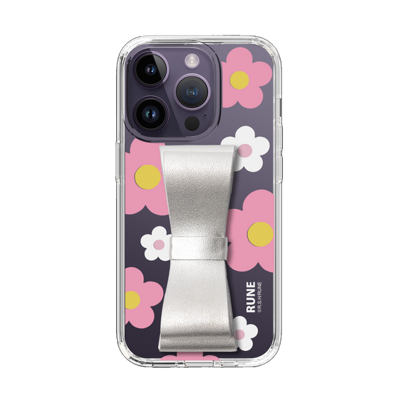 Slim Protection Case - STAND & RING RIBBON Silver［ Rune Naito - RUNE Flower - Pink ］