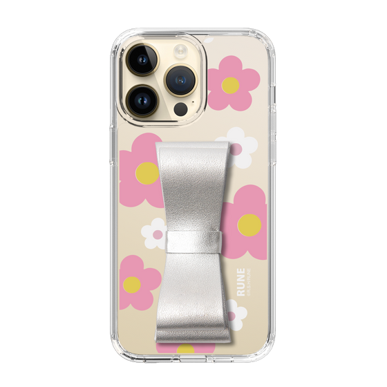 Slim Protection Case - STAND & RING RIBBON Silver［ Rune Naito - RUNE Flower - Pink ］